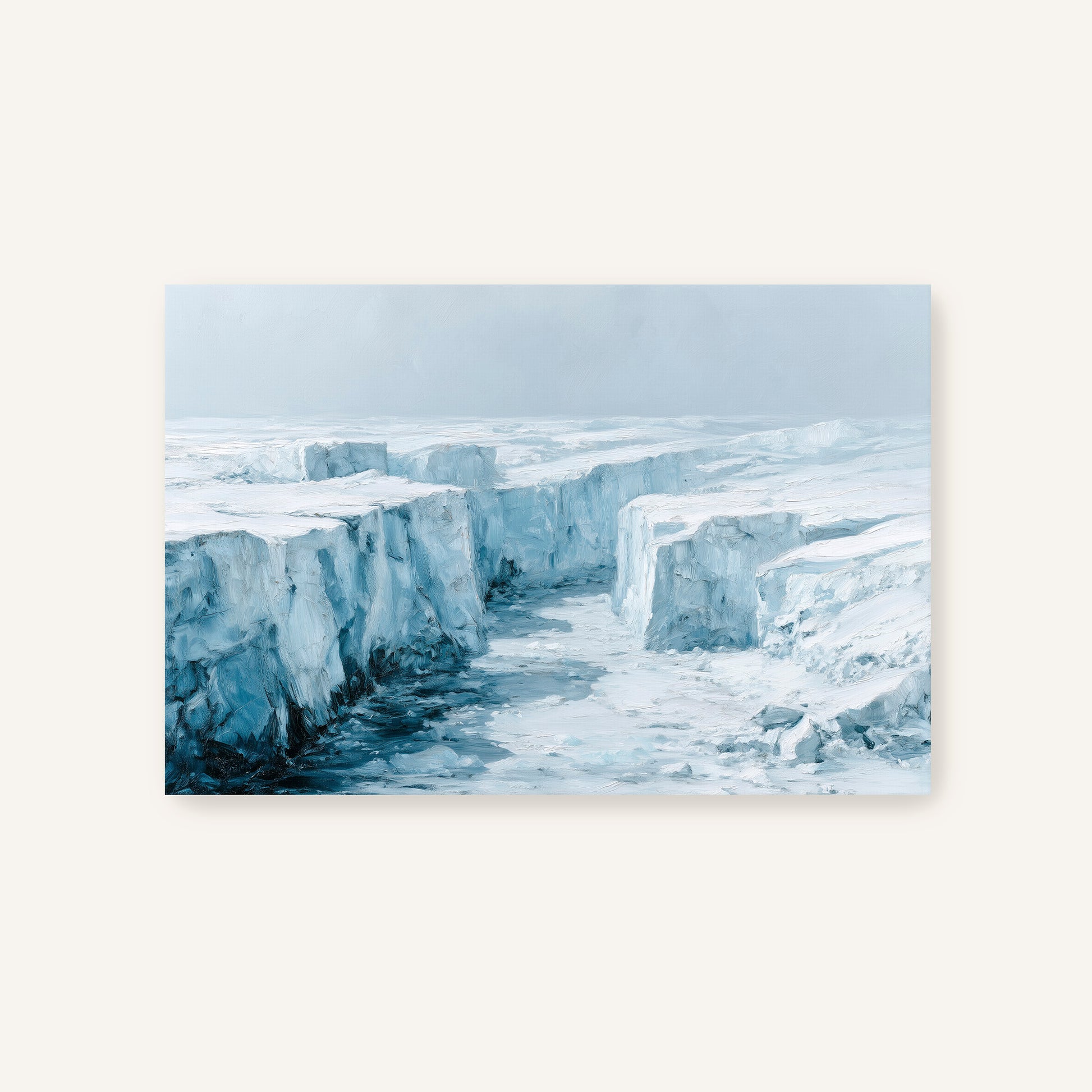A vast expanse of ice and snow, with towering cliffs and crevices carved into the surface, creating a dramatic and awe-inspiring landscape.
