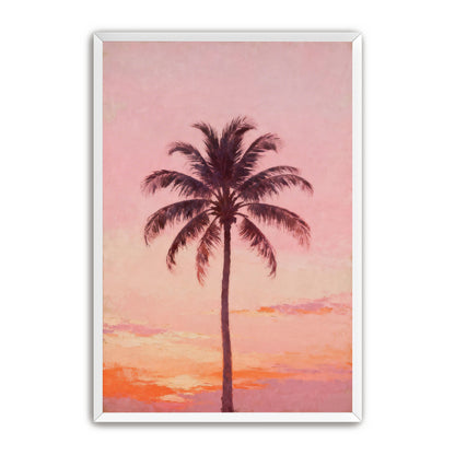 A tall palm tree silhouetted against a vibrant sunset sky.