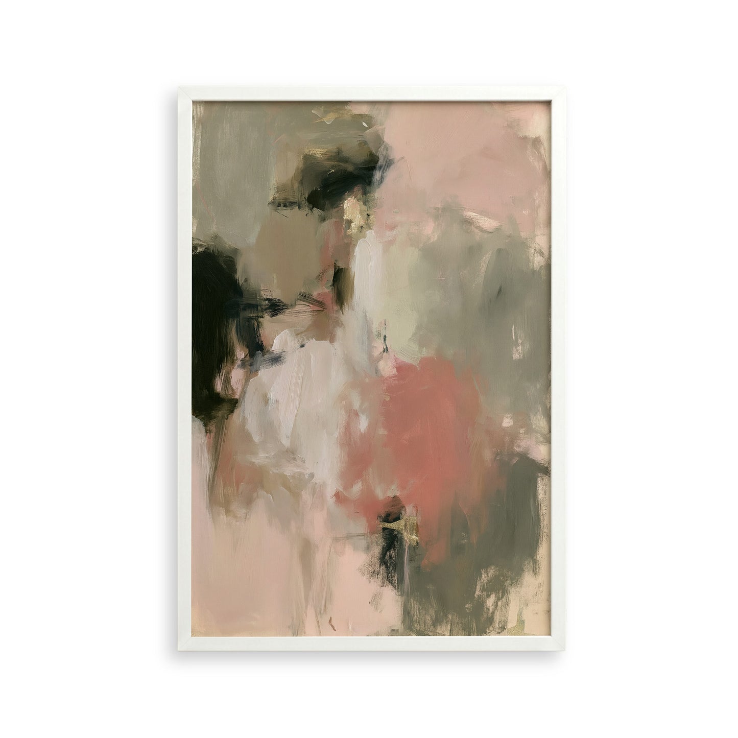 The image is an abstract painting with a mix of pink, green, and black colors.