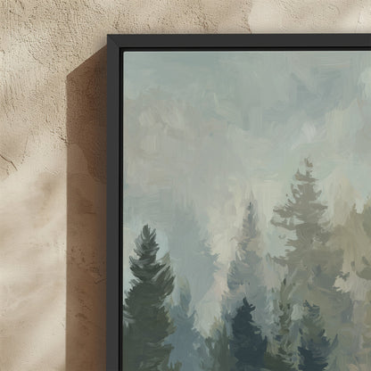 Ever Canvas Wall Art featuring misty pine forest in soft muted tones with black floating frame