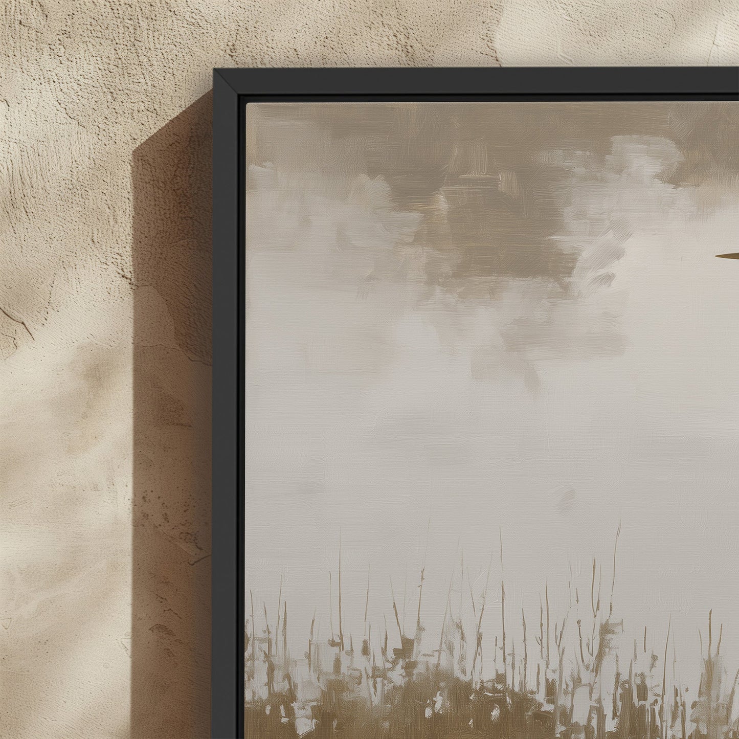 Wade canvas print of a heron in serene water with muted earth tones and black frame