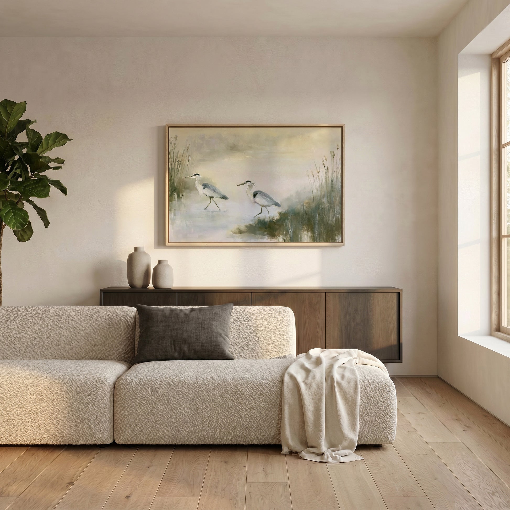 a serene living room with a large painting of two birds in a grassy field hanging on the wall above a beige sofa. The sofa is adorned with a gray throw pillow and a white blanket, creating a cozy and inviting atmosphere. The room is further enhanced by a potted plant and a wooden cabinet, adding to the overall aesthetic and comfort of the space.