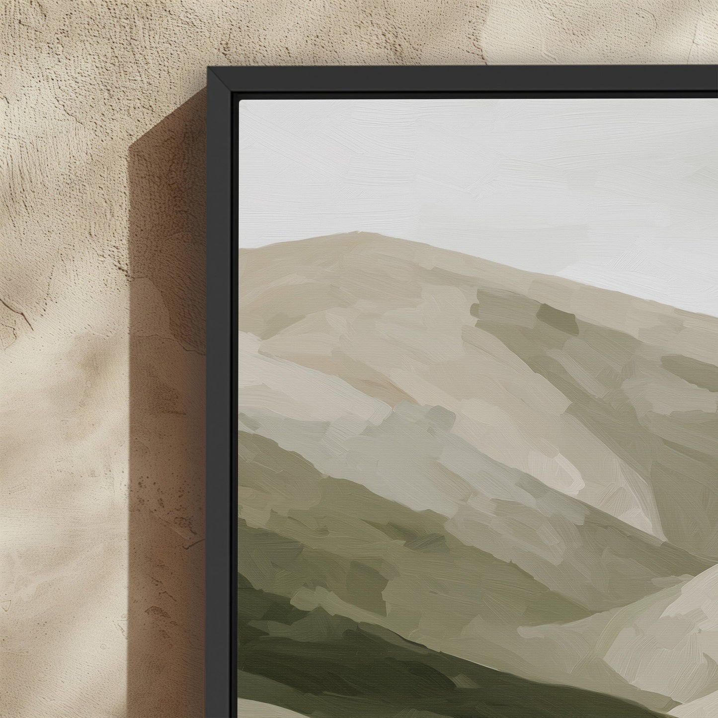 Framed Olive Hills canvas print with layered olive and taupe painterly hills in soft neutral tones