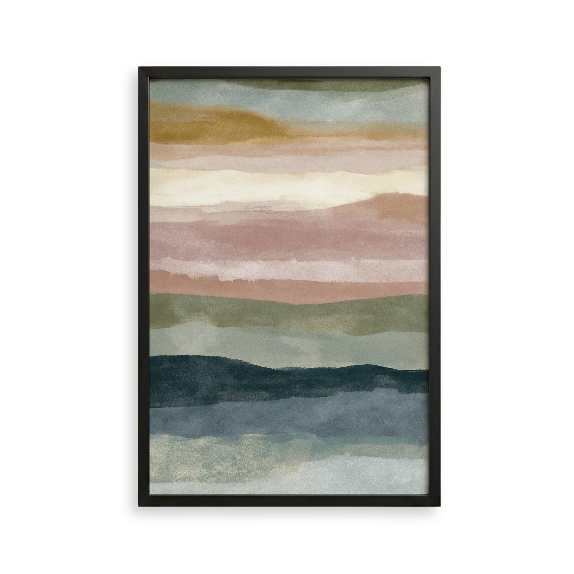 The image is a framed abstract painting with horizontal stripes in various colors, including shades of green, blue, and pink.