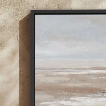 Barren Canvas Print minimalist landscape with taupe, cream, and sand tones in black frame on textured wall