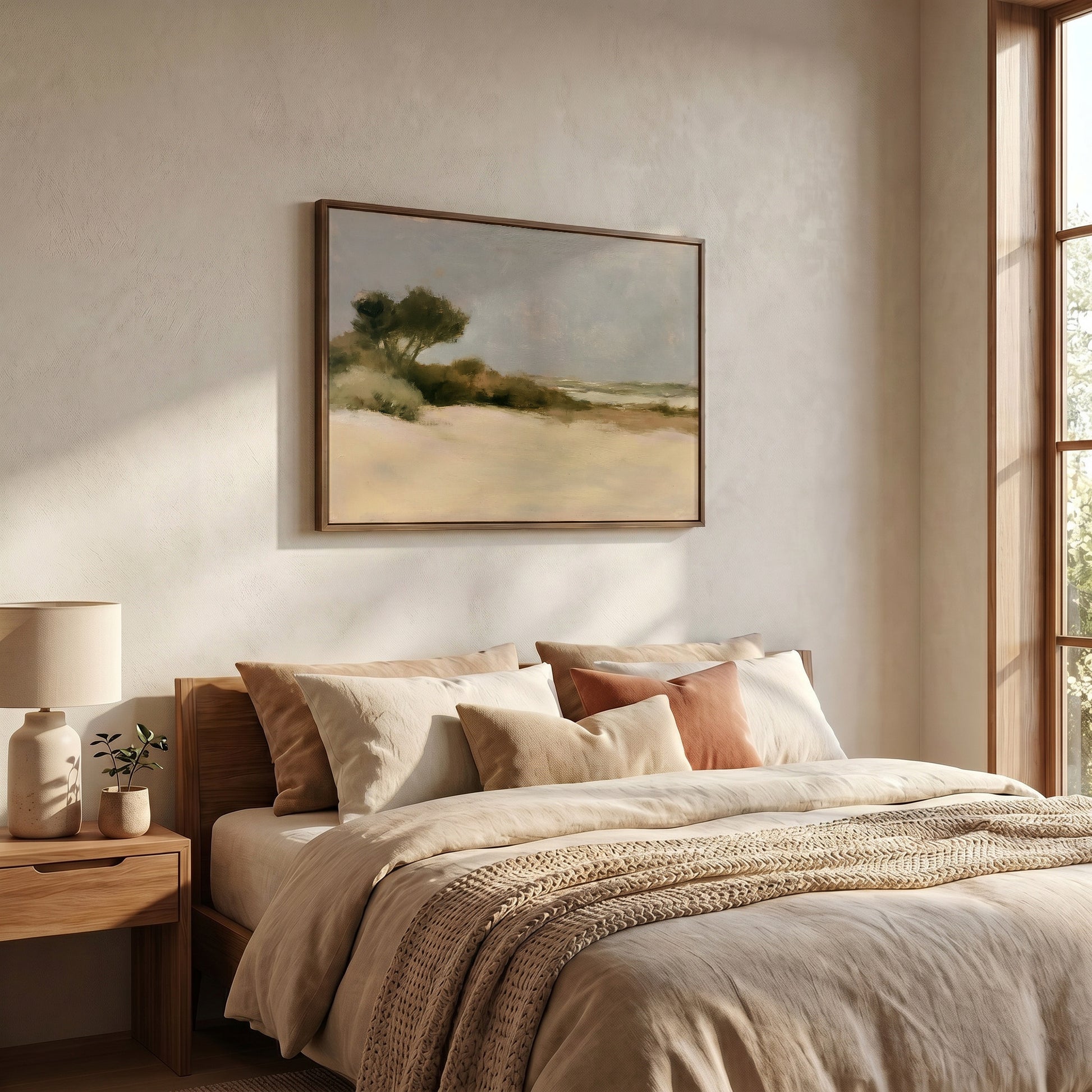 a serene bedroom scene with a large bed adorned with beige bedding and a wooden headboard. Above the bed, a framed landscape painting hangs on the wall, adding an artistic touch to the room. The room is well-lit, with natural light streaming in from a window on the right side, creating a warm and inviting atmosphere.