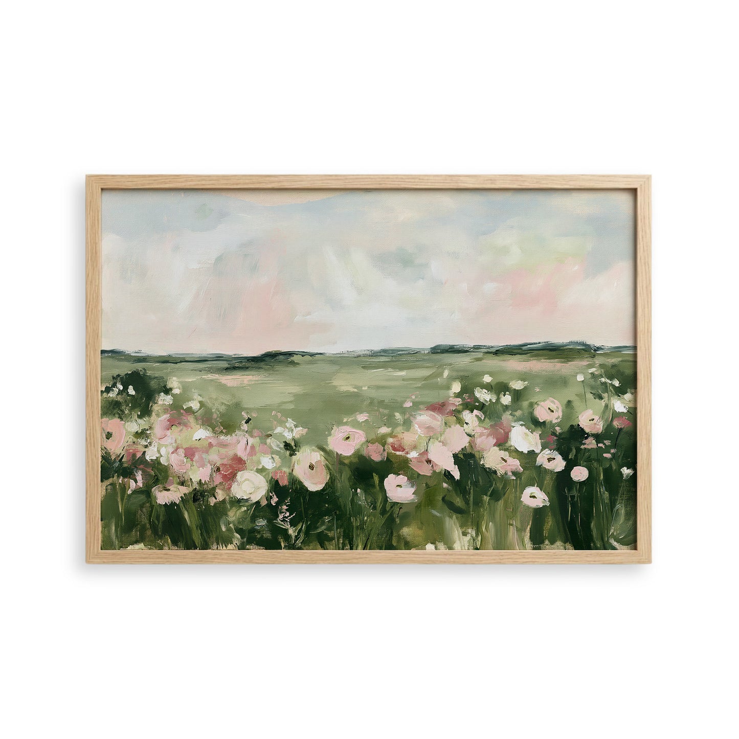 The image is a painting of a field filled with pink and white flowers, set against a cloudy sky.