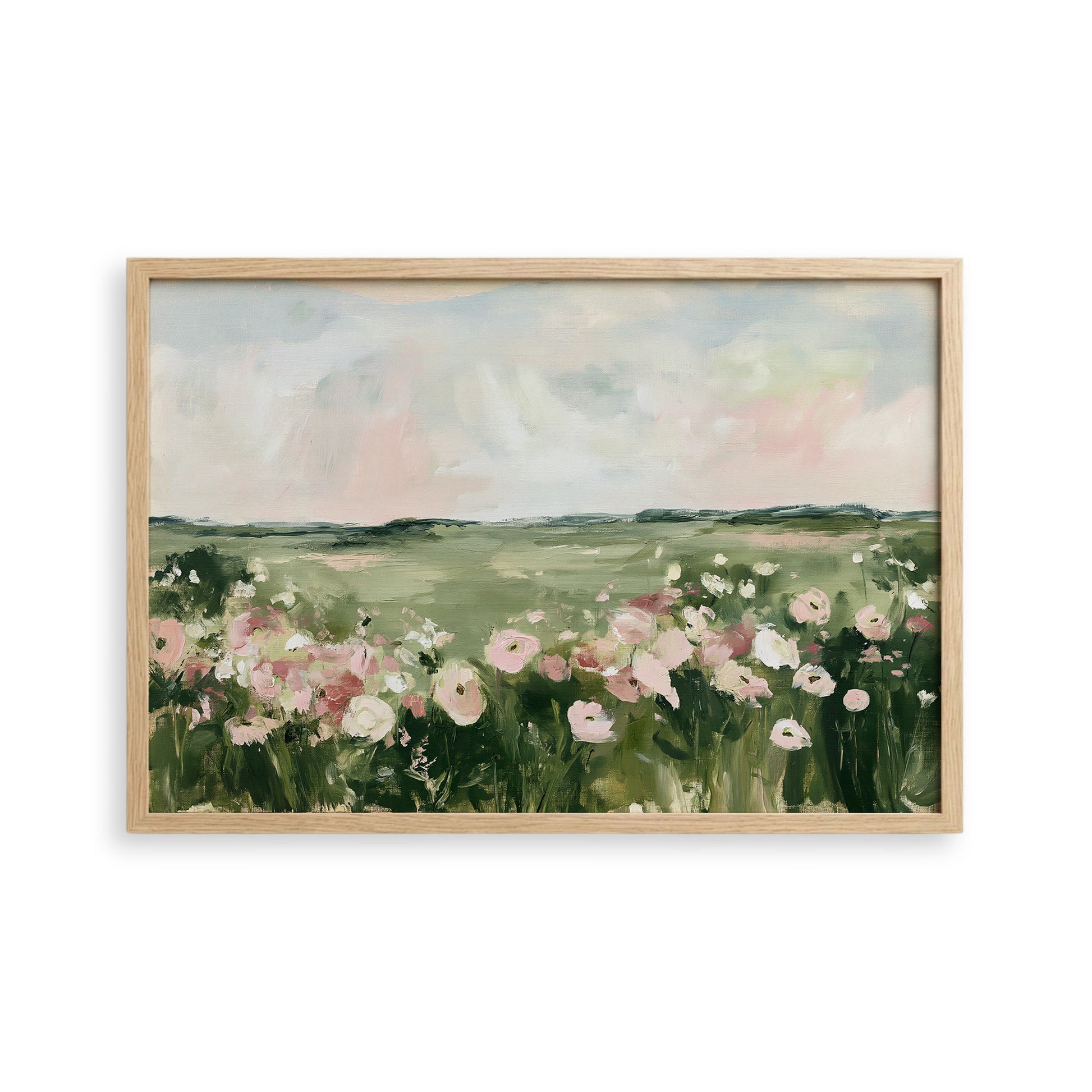 The image is a painting of a field filled with pink and white flowers, set against a cloudy sky.