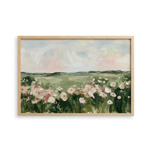 The image is a painting of a field filled with pink and white flowers, set against a cloudy sky.