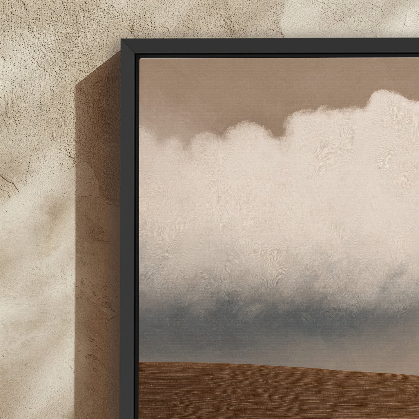 Aerie Canvas Print minimalist landscape with a single cloud above muted earth tones in a black floating frame