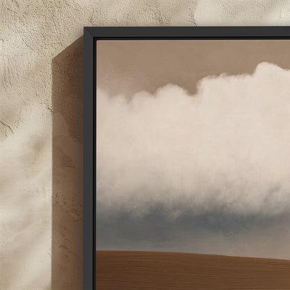 Aerie Canvas Print minimalist landscape with a single cloud above muted earth tones in a black floating frame
