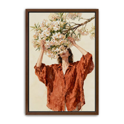 A woman in a red dress stands in front of a tree with white flowers, holding the branches up to her face.