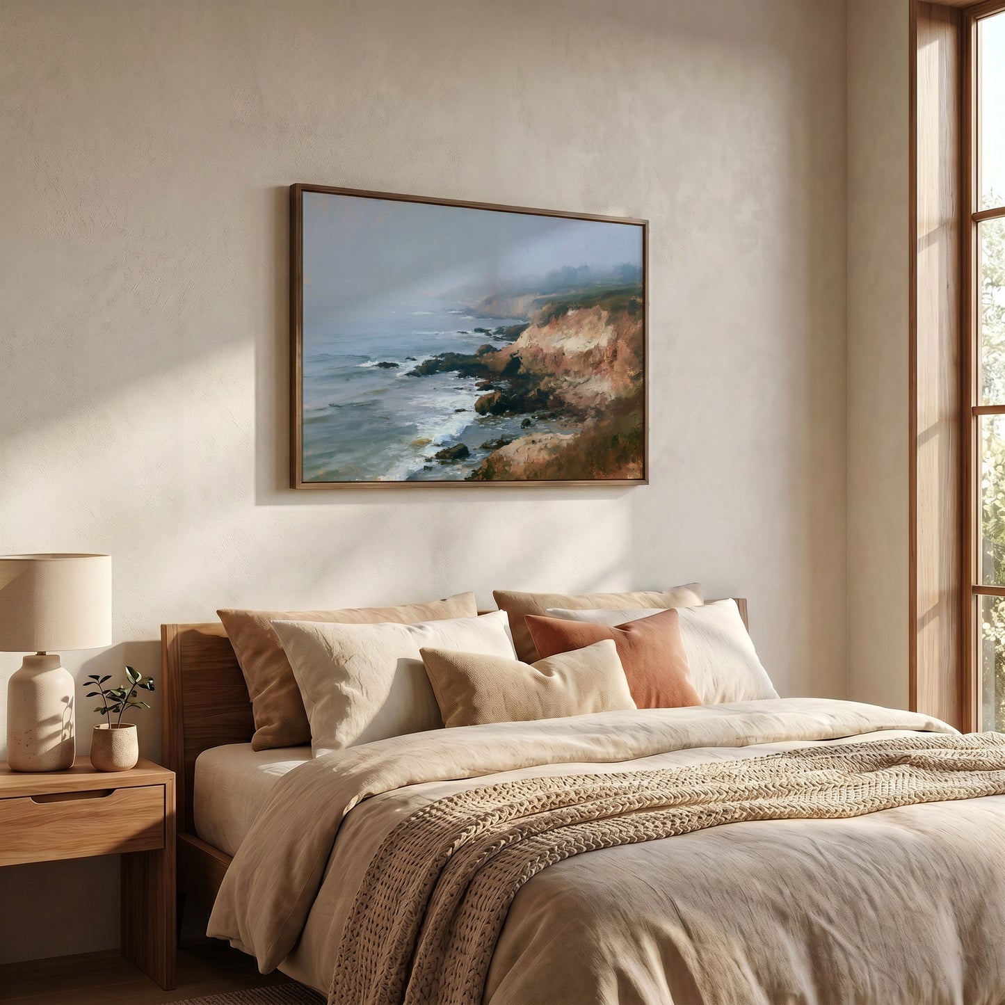 a serene bedroom scene with a large bed adorned with beige bedding and a framed painting of a coastal landscape hanging above it.