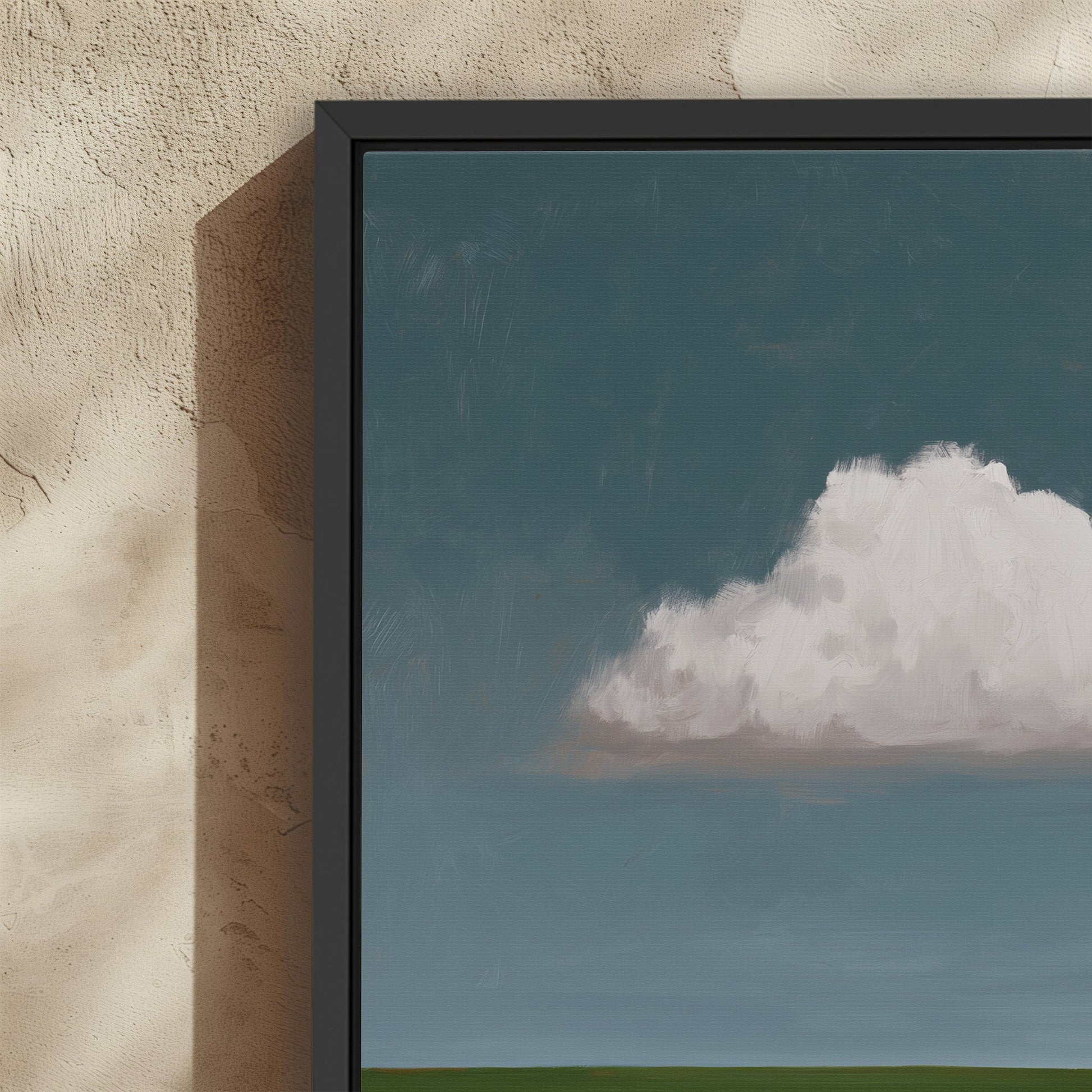 Eave Canvas Print featuring single cloud over green horizon in black frame with archival gallery-wrapped canvas