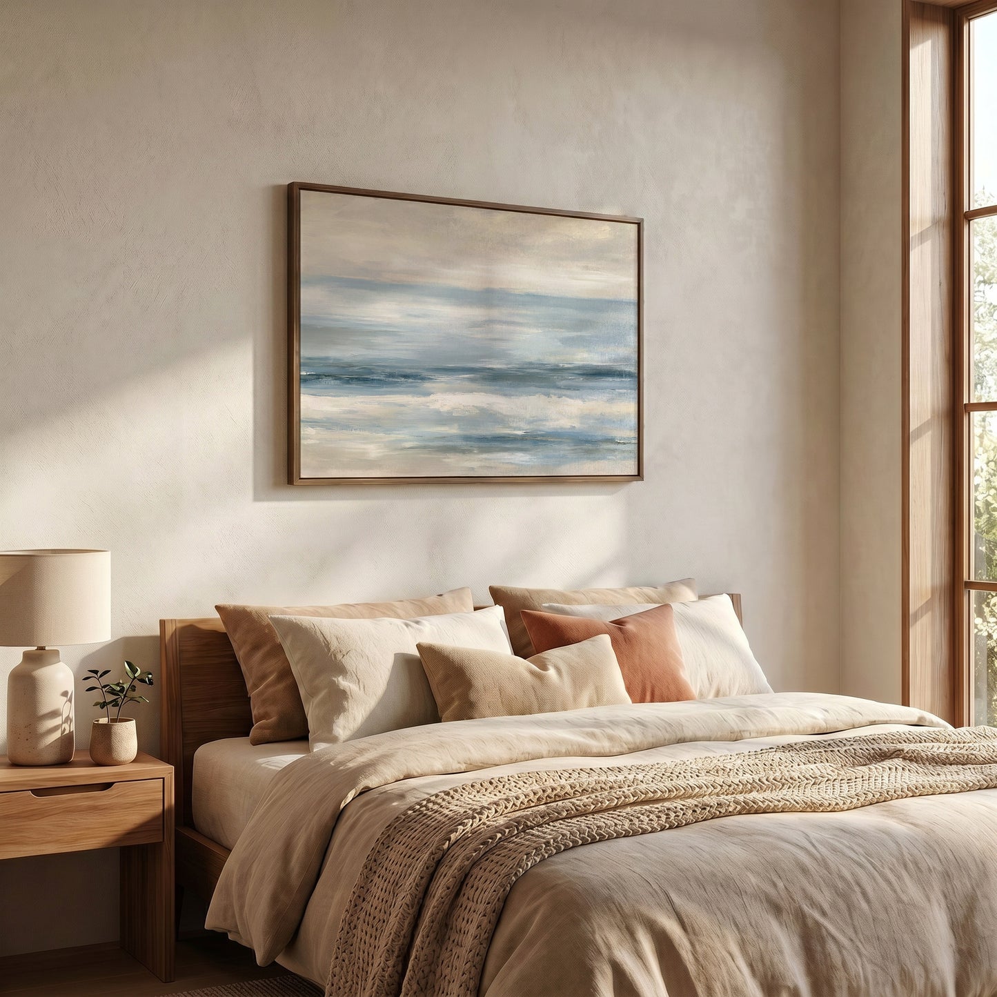 a serene bedroom scene with a large bed adorned with beige bedding and a wooden headboard. Above the bed, a framed painting of a tranquil ocean landscape is displayed on the wall. The room is illuminated by natural light streaming in from a window, creating a warm and inviting atmosphere.