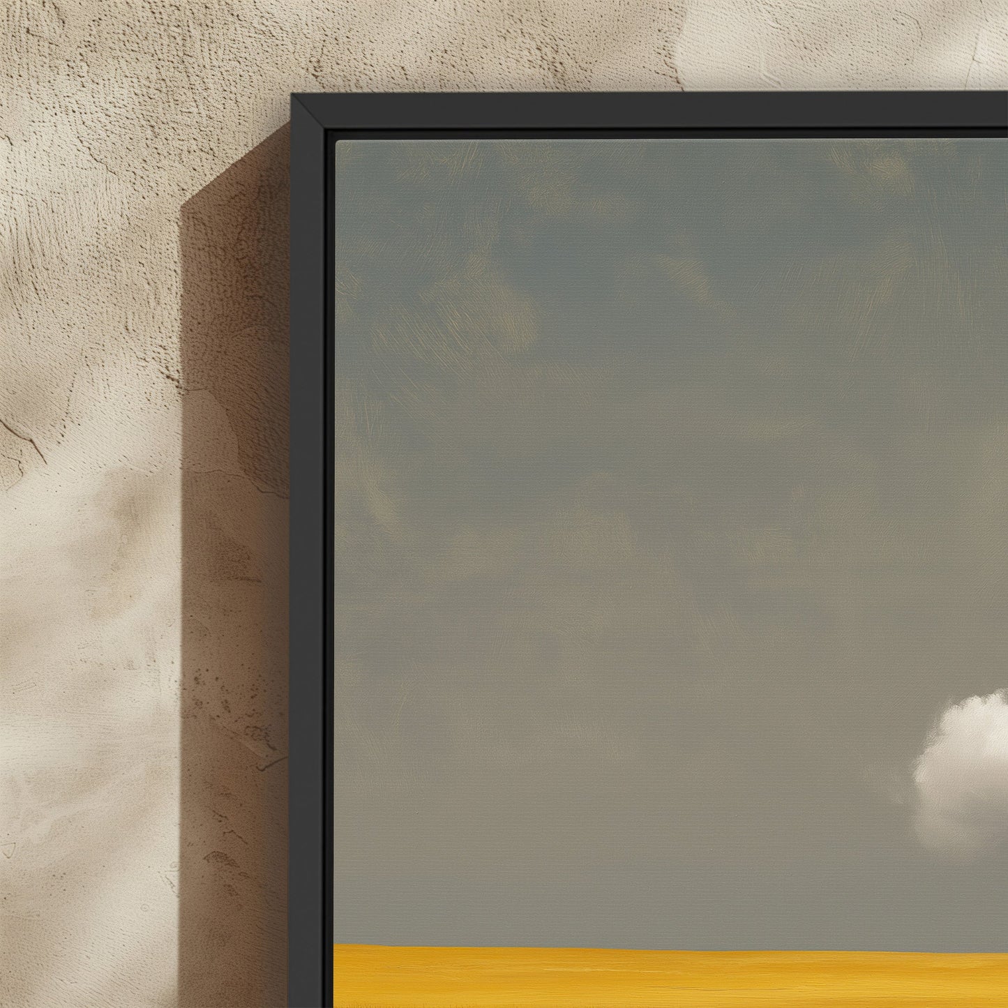 Mellow Canvas Print featuring a single white cloud over a golden plain with muted gray sky, framed in black floating wood frame.