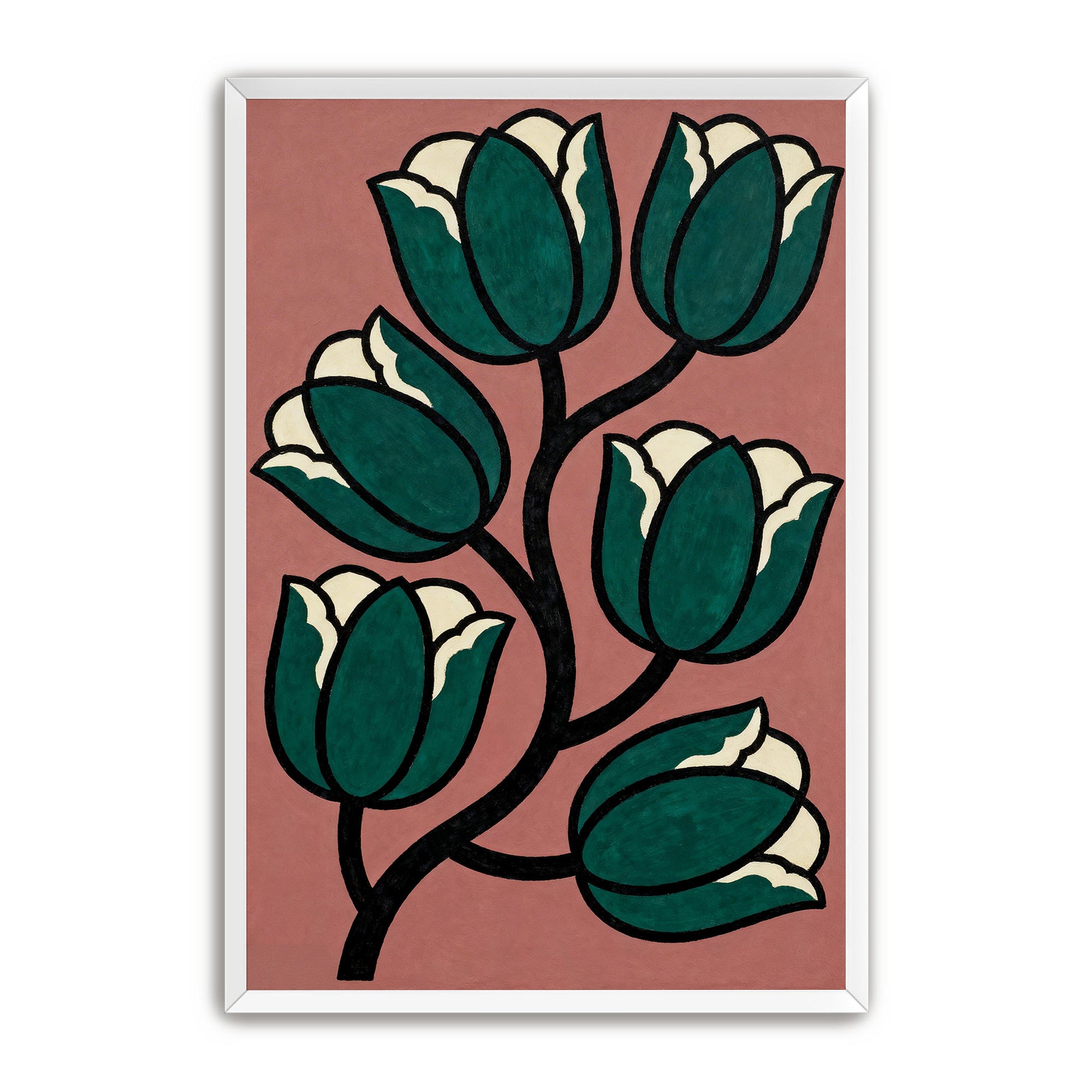 A framed painting depicting a stylized floral design with green and white tulips.
