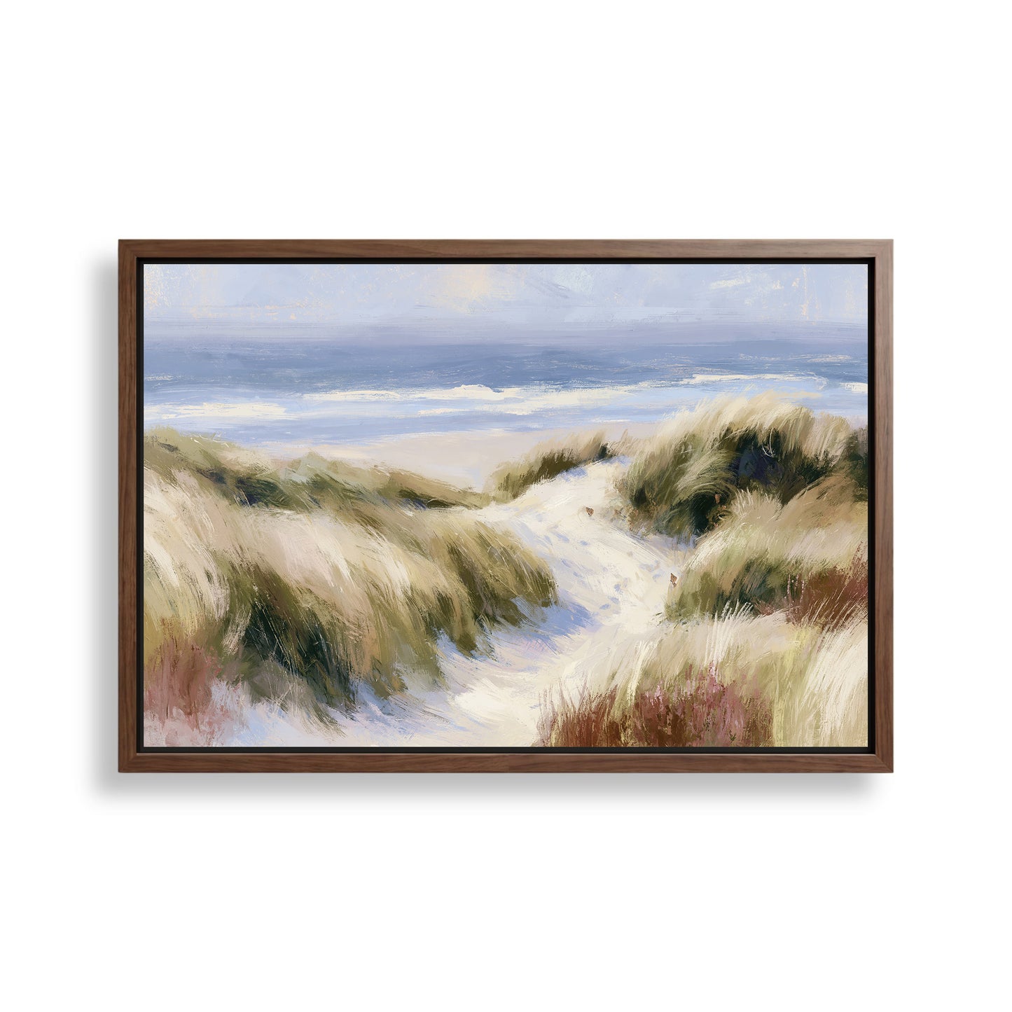 The image is a framed painting depicting a serene beach scene with a path leading to the ocean.