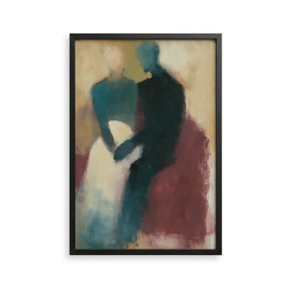The image is an abstract painting featuring two figures, one in a blue dress and the other in a black suit, standing close together.
