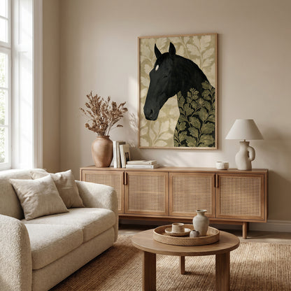 a cozy living room with a large framed picture of a black horse on the wall, a beige sofa, a wooden sideboard, and a round coffee table.