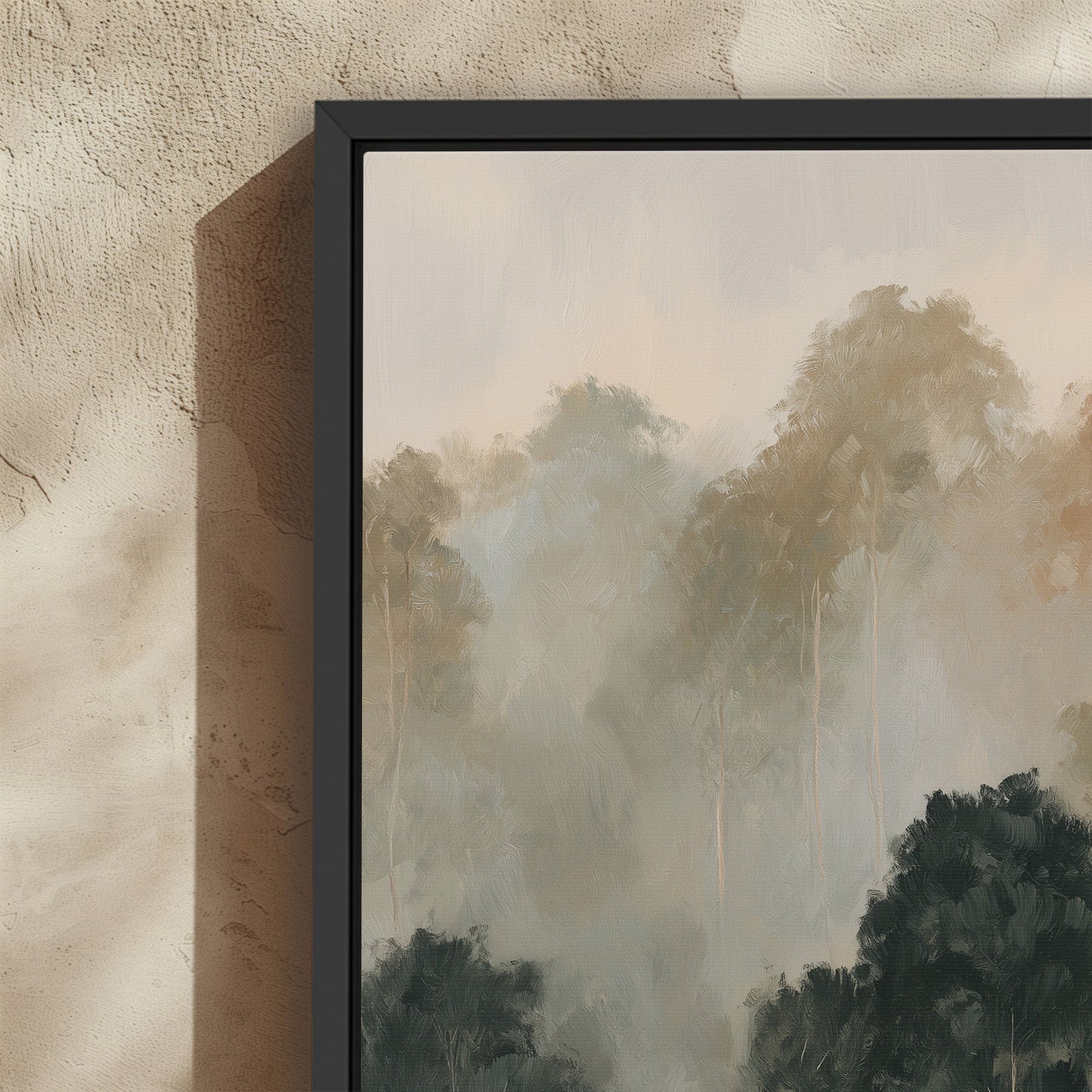 Fable Canvas Print featuring soft mist over olive and ivory treetops in a black frame, showcasing serene morning haze in muted tones.