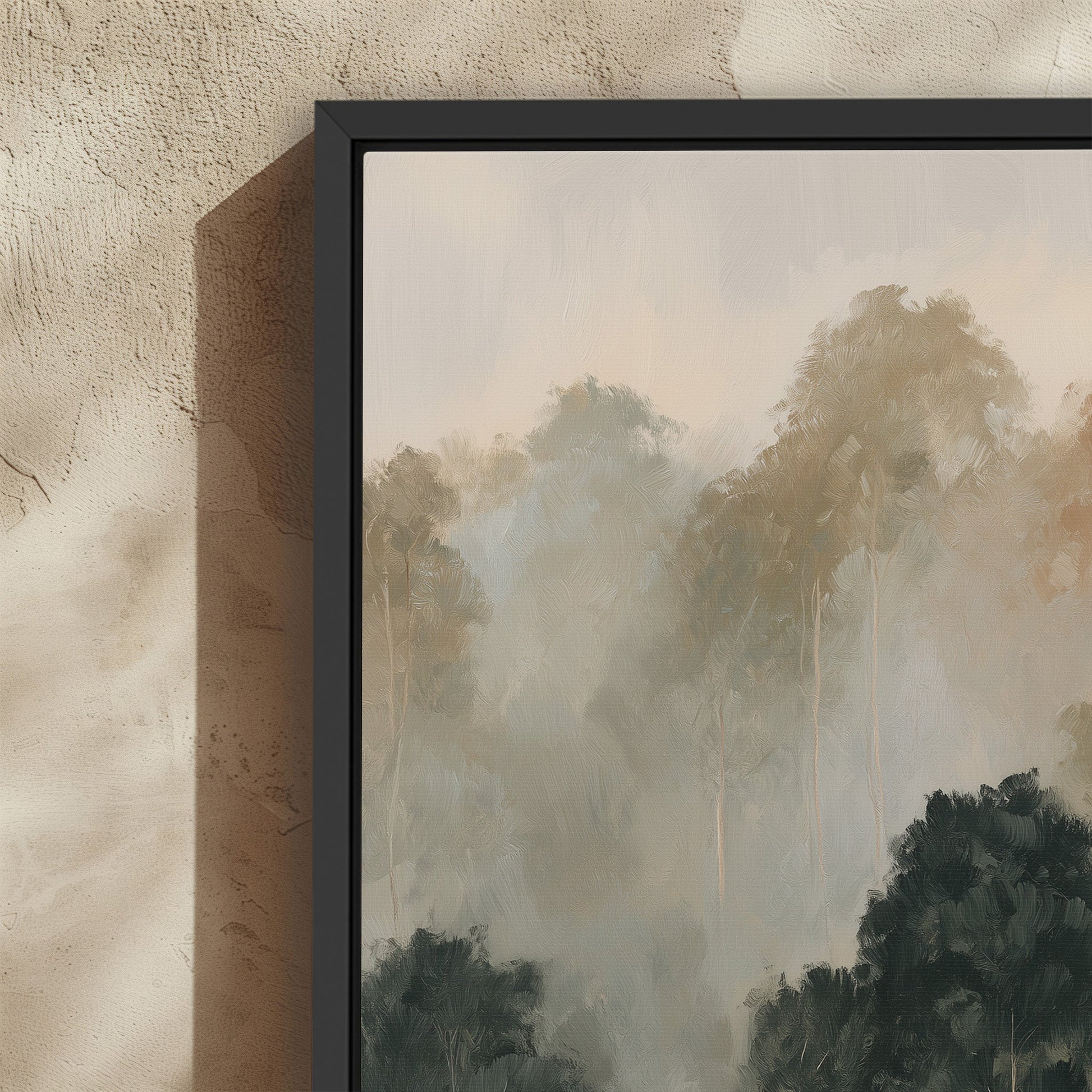 Fable Canvas Print featuring soft mist over olive and ivory treetops in a black frame, showcasing serene morning haze in muted tones.