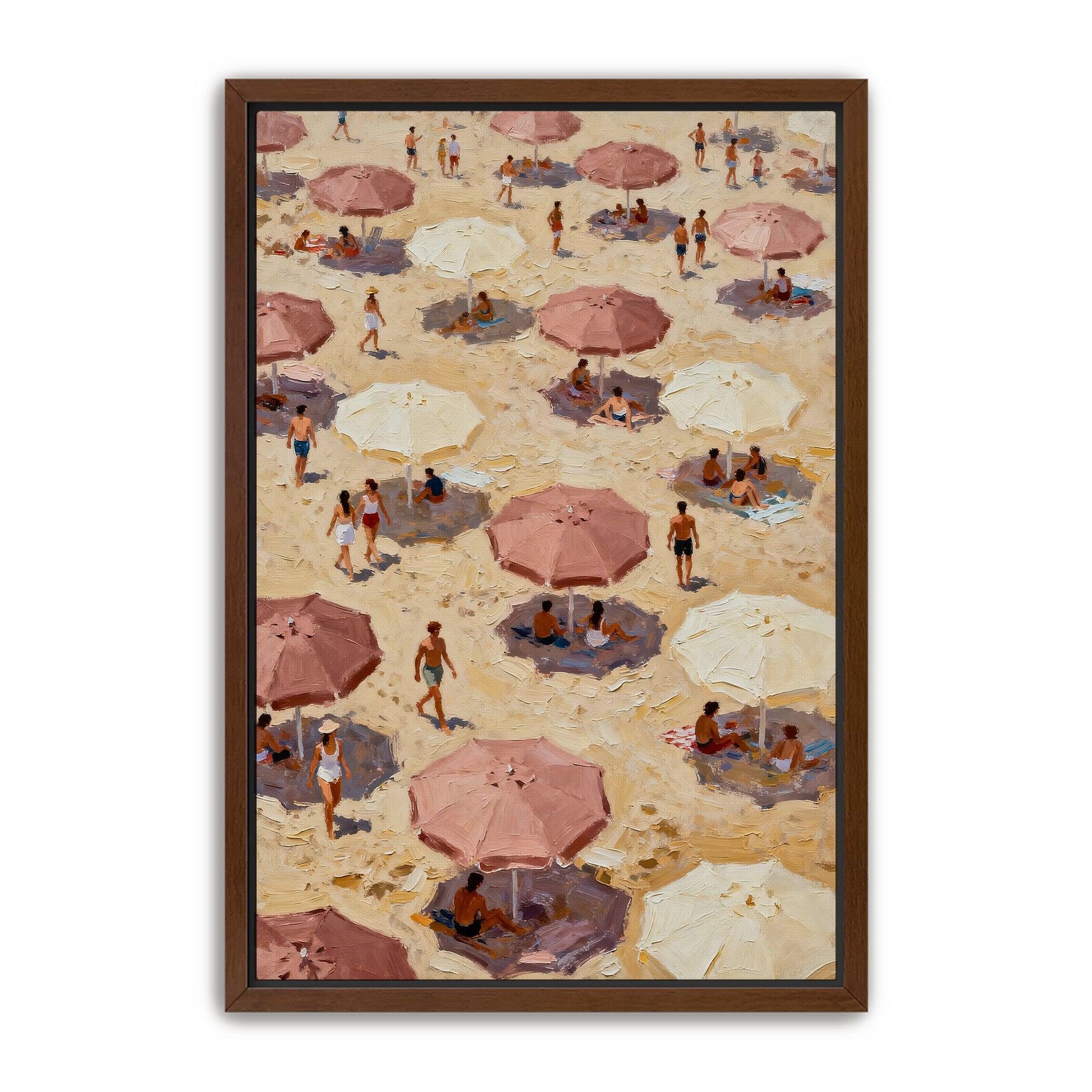 The image is a painting depicting a crowded beach scene with numerous people and umbrellas.
