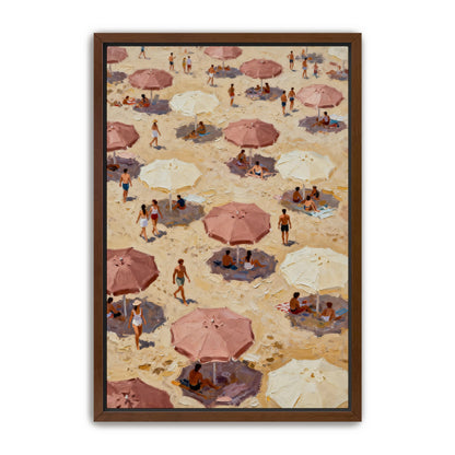 The image is a painting depicting a crowded beach scene with numerous people and umbrellas.