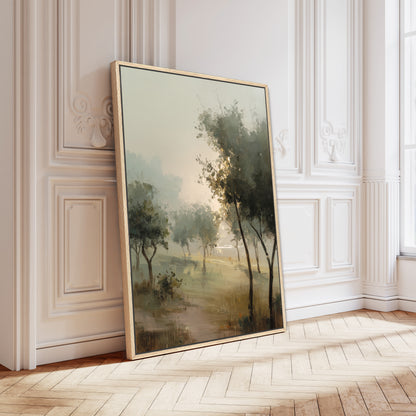 a large landscape painting hanging on a white wall in a room with a wooden floor.
