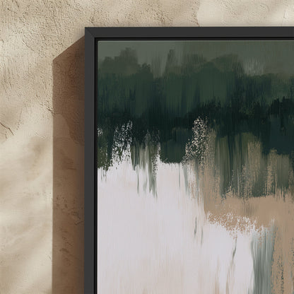 Abstract Forestline canvas print with deep greens, taupe, and ivory in a black frame for modern interiors