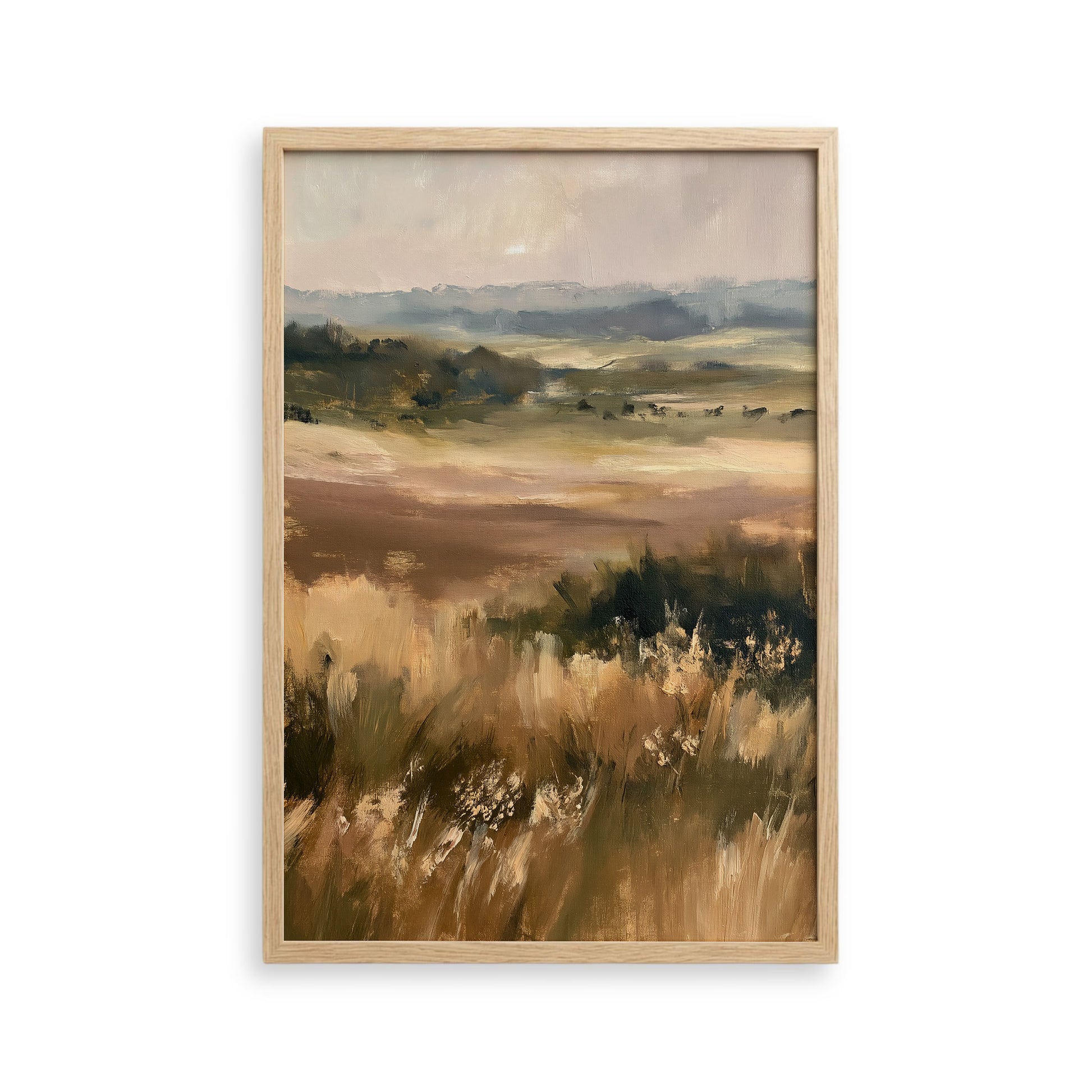 The image is an oil painting depicting a serene landscape with a field of tall grass and trees in the background.