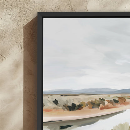 Mesa canvas print depicting a tranquil modern desert landscape with flowing river and muted earth tones, framed in black.