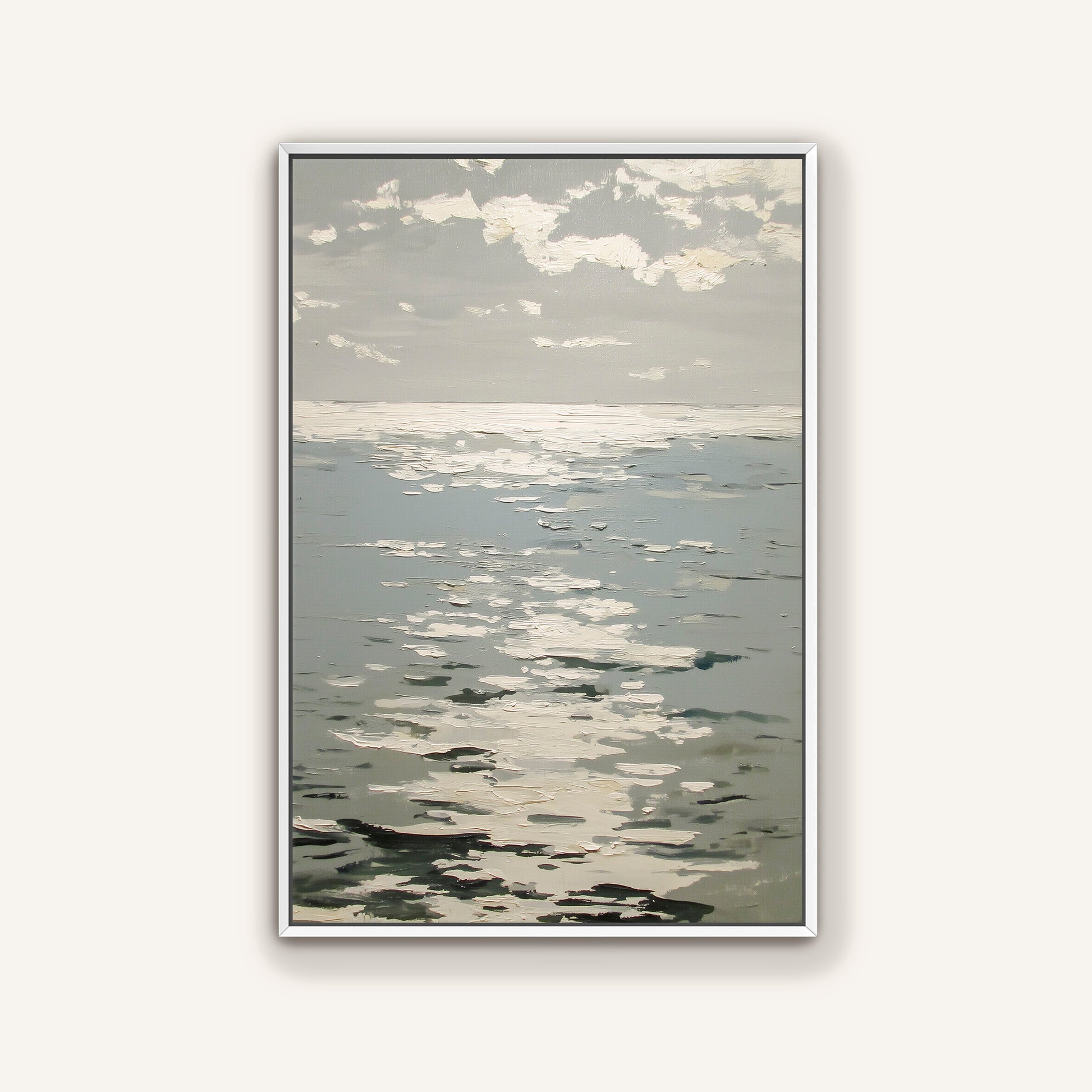 a serene scene of a calm body of water, possibly a lake or a sea, with a cloudy sky above. The water appears to be reflecting the light, creating a peaceful and tranquil atmosphere.