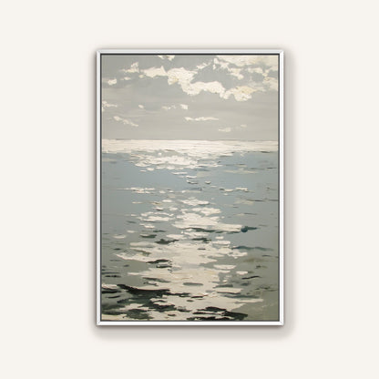 a serene scene of a calm body of water, possibly a lake or a sea, with a cloudy sky above. The water appears to be reflecting the light, creating a peaceful and tranquil atmosphere.