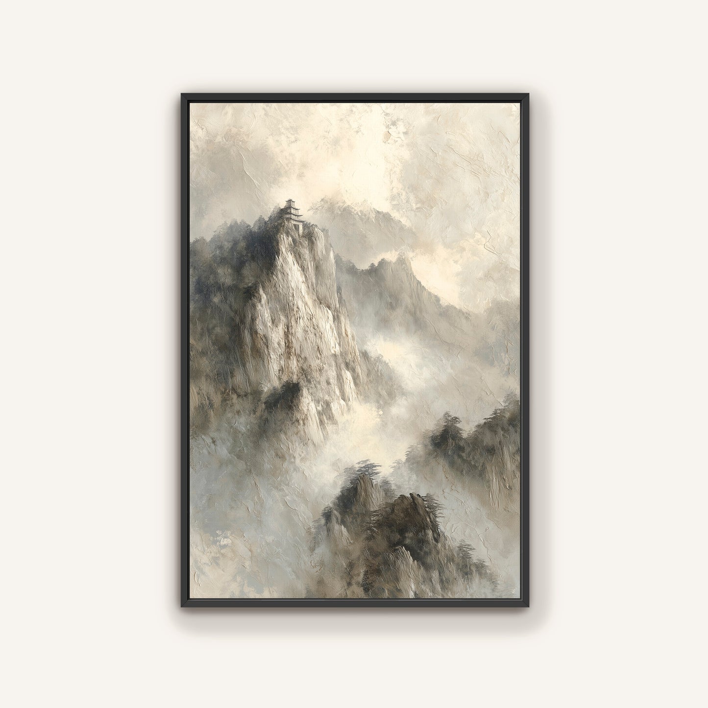The image is a framed painting depicting a mountainous landscape with a temple perched on a cliff.