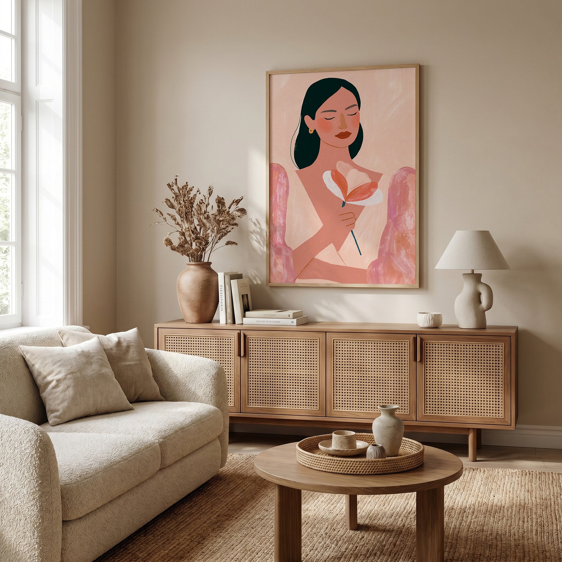 a cozy living room with a large framed artwork of a woman holding a flower on the wall. The room is furnished with a beige sofa, a wooden sideboard, and a round coffee table. The overall decor has a warm and inviting atmosphere.