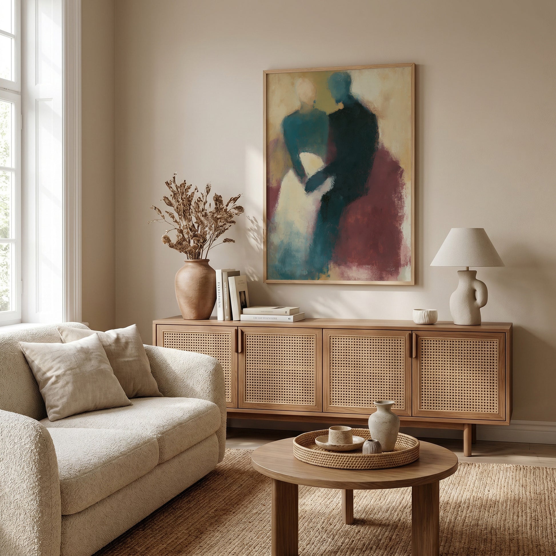a cozy living room with a beige sofa, a wooden sideboard, and a large abstract painting hanging on the wall.