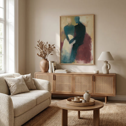 a cozy living room with a beige sofa, a wooden sideboard, and a large abstract painting hanging on the wall.
