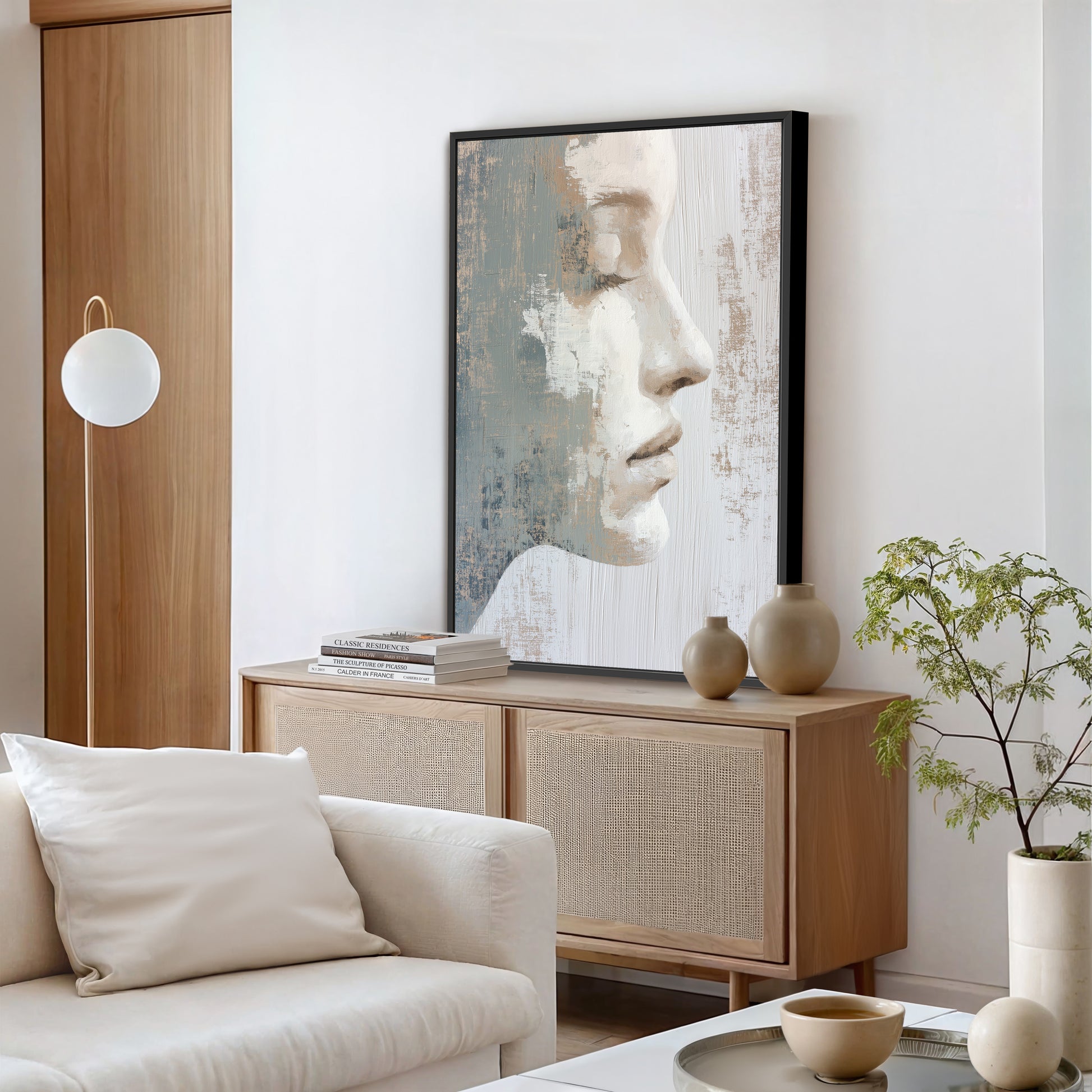 a modern living room with a large abstract painting of a woman's face on the wall, a white sofa, a wooden cabinet, and a potted plant.