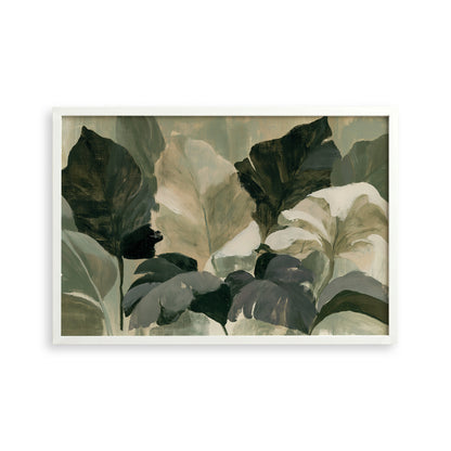 The image is a framed painting depicting a lush, green plant with large leaves and smaller leaves, creating a natural and vibrant scene.