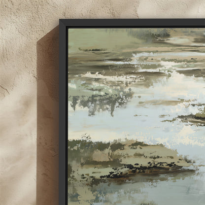 Reed Canvas Print abstract landscape in sage, sand, and ivory tones with black frame on textured wall