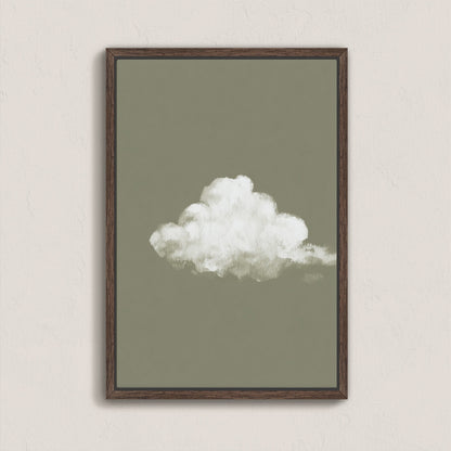 'Trace' canvas print featuring a single white cloud on a muted sage background in a wooden frame
