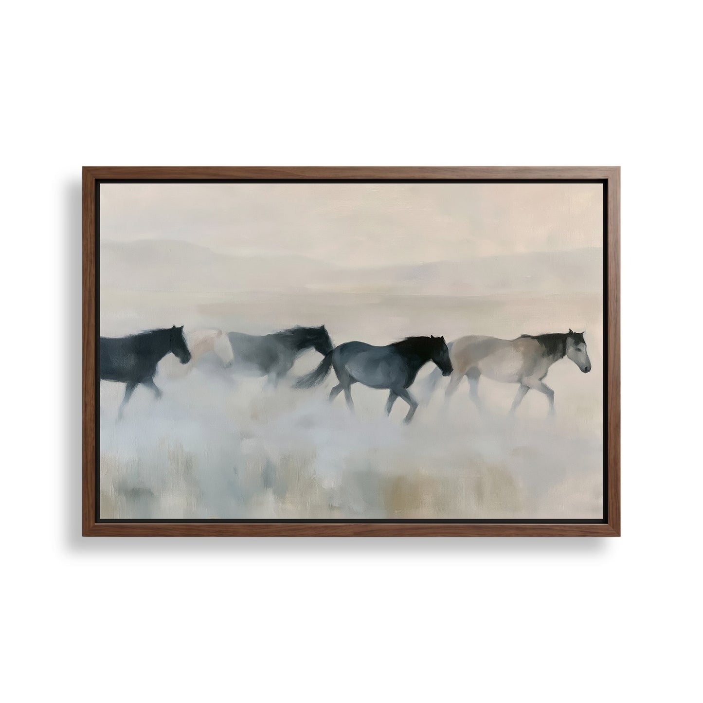 A group of horses running across a field, with a hazy, misty background.