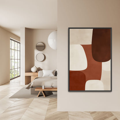 Abstract "Formation" canvas print in sienna, ivory, and espresso tones with modern organic shapes displayed in a minimalist bedroom setting
