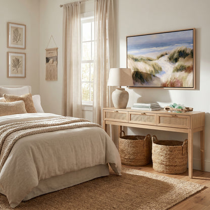 a serene and cozy bedroom with a large bed, a wooden dresser, and a painting of a beach scene on the wall. The room has a neutral color palette with beige and white tones, creating a warm and inviting atmosphere.