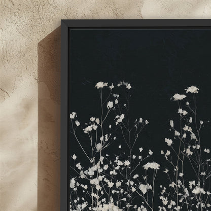Noiré Canvas Wall Art with delicate white florals on deep charcoal background in black frame