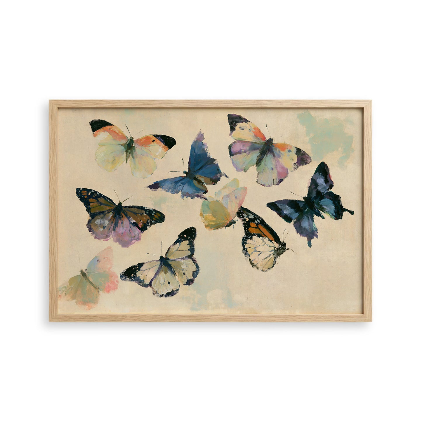 The image is a framed painting depicting a variety of colorful butterflies in different poses and orientations.