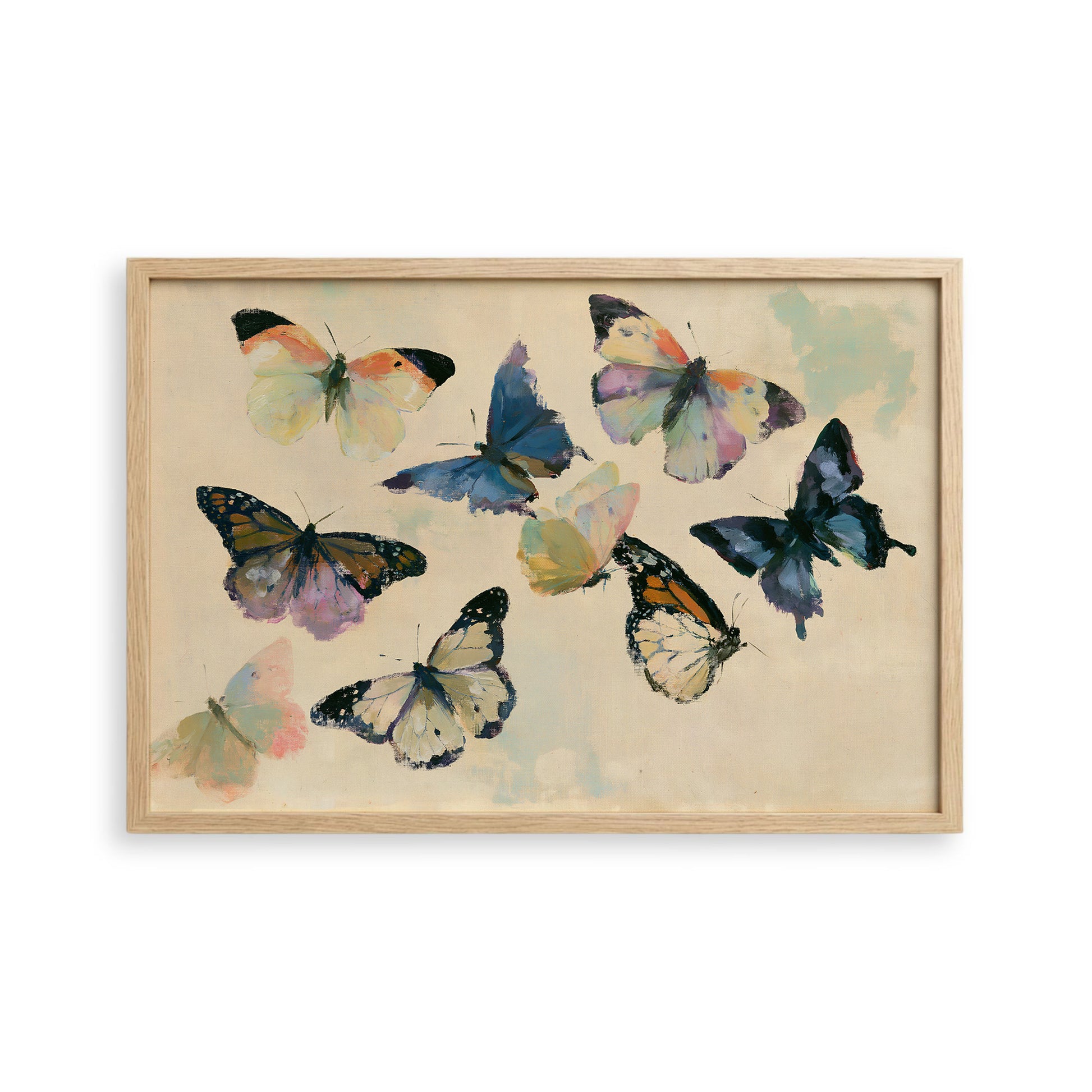 The image is a framed painting depicting a variety of colorful butterflies in different poses and orientations.