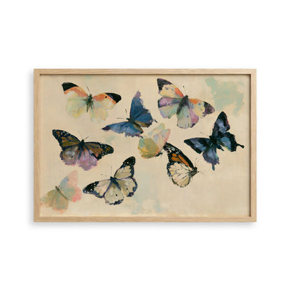 The image is a framed painting depicting a variety of colorful butterflies in different poses and orientations.