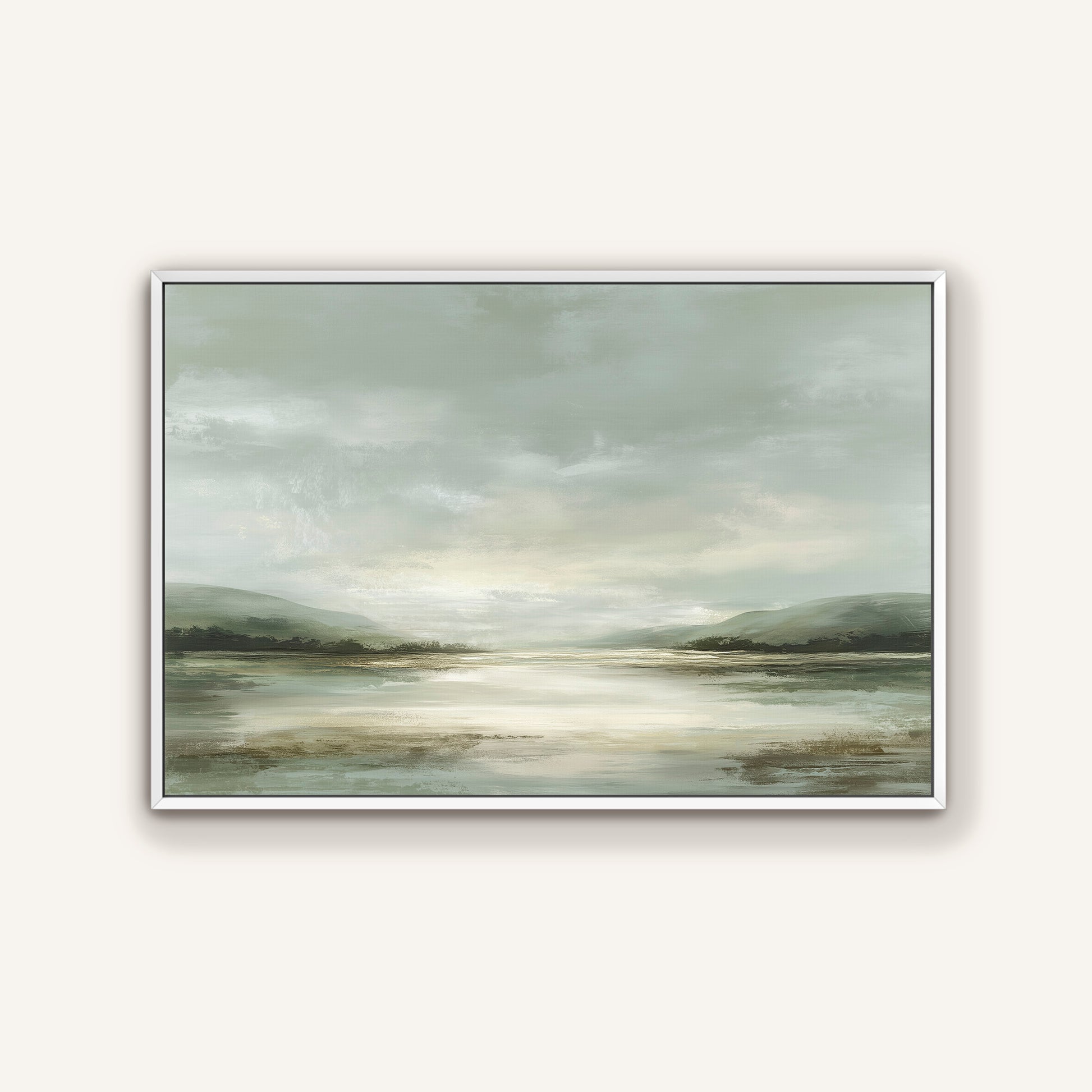 The image is a landscape painting depicting a serene scene of a lake surrounded by mountains under a cloudy sky.